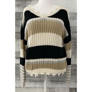 Rue 21 Sweater Women's XS Striped Distressed Oversized Knit Fringe Hem Boho Cozy